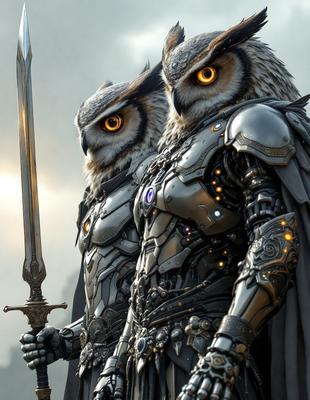 The primary subject of the image is a pair of robotic owls, each holding a sword. The setting is a futuristic environment, with the owls standing in front of a backdrop of clouds. The visual style is a combination of digital art and illustration, creating a unique and intriguing scene. The dominant colors are silver and black, giving the image a sleek and high-tech appearance. The overall atmosphere is one of power and sophistication, as the owls are depicted as advanced mechanical beings